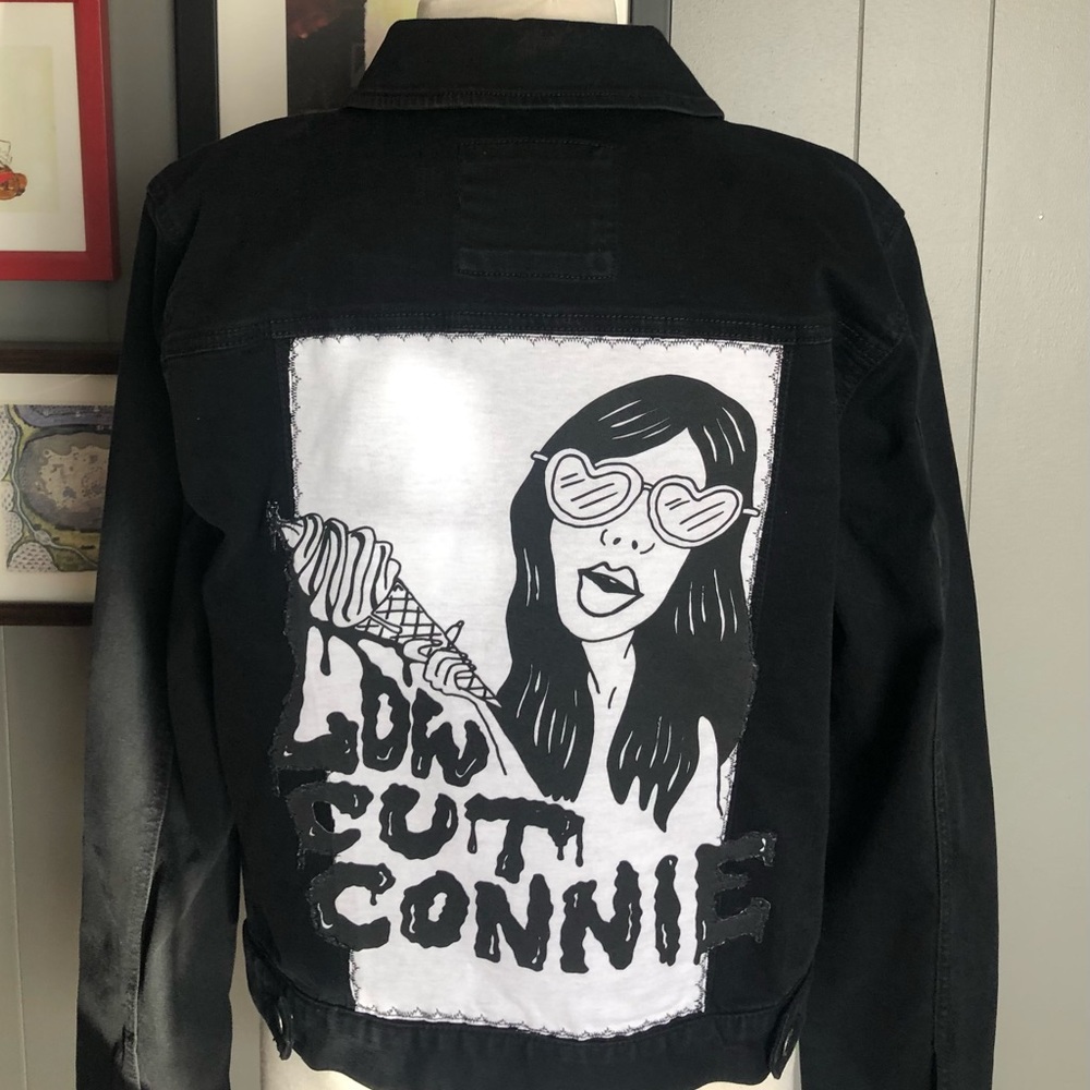 Low Cut Connie Up-Cycled Black Denim Jacket Women’s Size Large